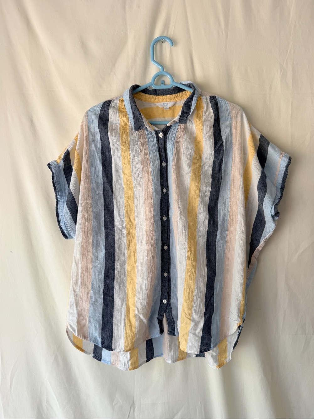 Time and Tru Relaxed Button-Down Shirt in Yellow, Navy & Light Blue Stripes
